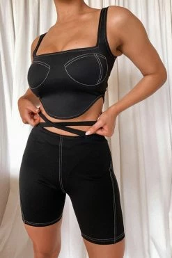 ROM Elsie Sleeveless Contrast Stitch Bustier Top - Black