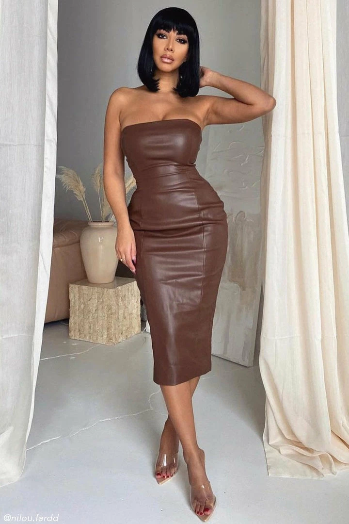 WNT Pamela Strapless Faux Leather Dress - Chocolate DRESSES 1 WNT Pamela Strapless Faux Leather Dress - Chocolate DRESSES