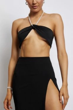 AMC Lea Diamante Chain Halter Neck Crop Top - Black