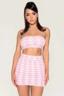 SOP Cindie Fluffy Houndstooth Bandeau Top - Baby Pink