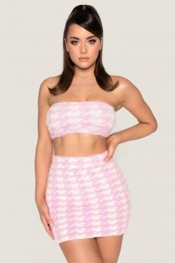 SOP Cindie Fluffy Houndstooth Bandeau Top - Baby Pink