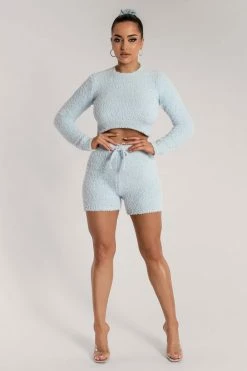SOP Charlotte Popcorn Long Sleeve Cut Out Back Crop Top - Baby Blue