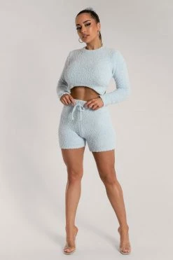 SOP Charlotte Popcorn Long Sleeve Cut Out Back Crop Top - Baby Blue