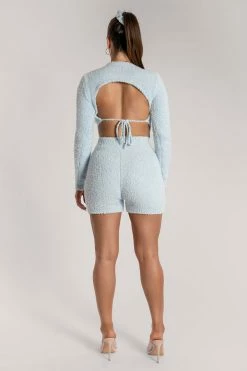 SOP Charlotte Popcorn Long Sleeve Cut Out Back Crop Top - Baby Blue