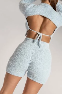 SOP Charlotte Popcorn Long Sleeve Cut Out Back Crop Top - Baby Blue