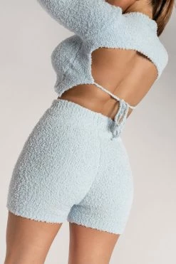 SOP Charlotte Popcorn Long Sleeve Cut Out Back Crop Top - Baby Blue
