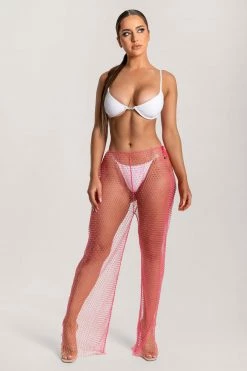 The Fifth MESHKI SWIM Shimmi Fishnet Diamante Wide Leg Pants - Pink