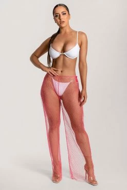 The Fifth MESHKI SWIM Shimmi Fishnet Diamante Wide Leg Pants - Pink