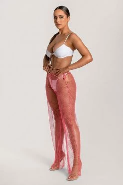 The Fifth MESHKI SWIM Shimmi Fishnet Diamante Wide Leg Pants - Pink