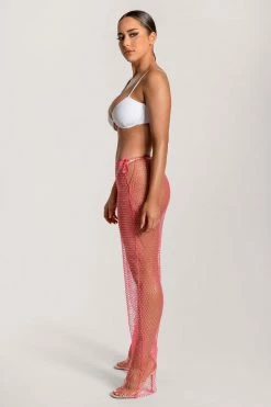 The Fifth MESHKI SWIM Shimmi Fishnet Diamante Wide Leg Pants - Pink
