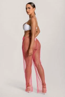 The Fifth MESHKI SWIM Shimmi Fishnet Diamante Wide Leg Pants - Pink
