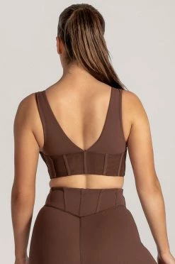 HNG Dion Mesh Pannelled Crop Top - Chocolate Neutrals
