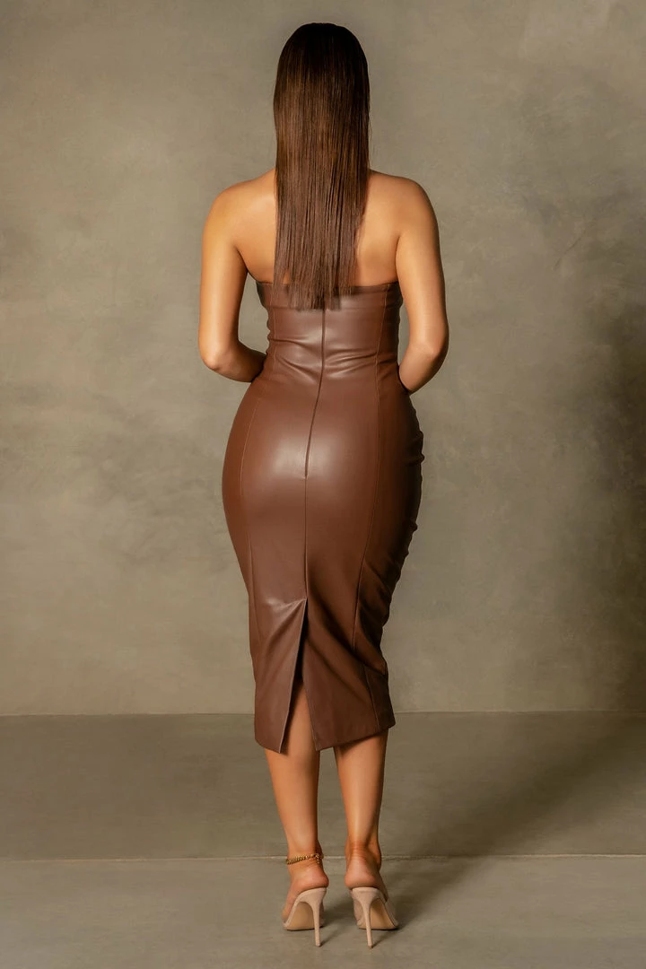 WNT Pamela Strapless Faux Leather Dress - Chocolate DRESSES 3 WNT Pamela Strapless Faux Leather Dress - Chocolate DRESSES