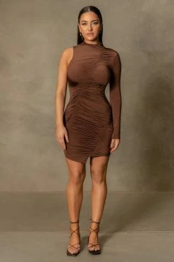 WXI Karlie One Sleeve High Neck Mini Dress - Chocolate DRESSES 12 WXI Karlie One Sleeve High Neck Mini Dress - Chocolate DRESSES