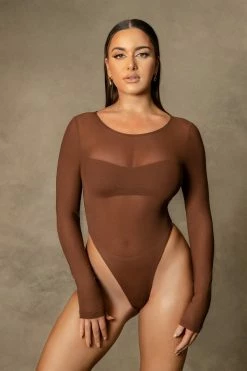 WUXI ZHONGFU CORPRATION All Tops Blaire Mesh Long Sleeve Bodysuit - Chocolate