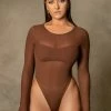 WUXI ZHONGFU CORPRATION All Tops Blaire Mesh Long Sleeve Bodysuit - Chocolate