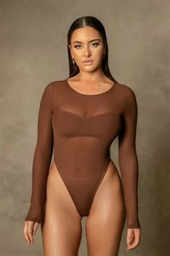 WUXI ZHONGFU CORPRATION All Tops Blaire Mesh Long Sleeve Bodysuit - Chocolate