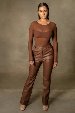 WUXI ZHONGFU CORPRATION All Tops Blaire Mesh Long Sleeve Bodysuit - Chocolate