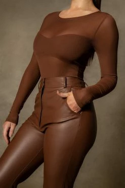 WUXI ZHONGFU CORPRATION All Tops Blaire Mesh Long Sleeve Bodysuit - Chocolate