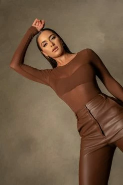 WUXI ZHONGFU CORPRATION All Tops Blaire Mesh Long Sleeve Bodysuit - Chocolate