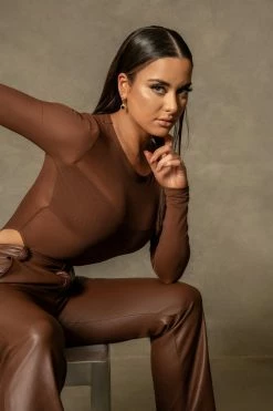 WUXI ZHONGFU CORPRATION All Tops Blaire Mesh Long Sleeve Bodysuit - Chocolate