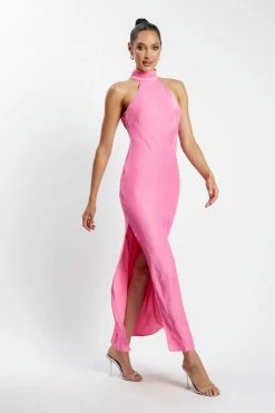 JLW DRESSES Claire Satin Drape Back Maxi Dress - Pink