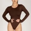 WXI All Tops Lydia Crew Neck Long Sleeve Bodysuit - Chocolate