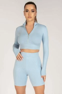 WXI Ashlea Long Sleeve Zip Up Crop Top - Cornflower Blue All Tops