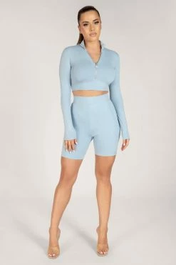 WXI Ashlea Long Sleeve Zip Up Crop Top - Cornflower Blue All Tops