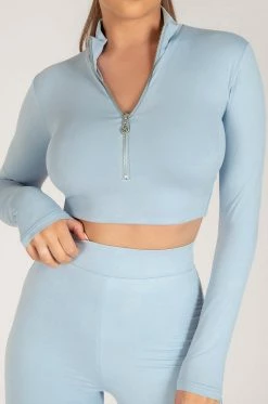 WXI Ashlea Long Sleeve Zip Up Crop Top - Cornflower Blue All Tops