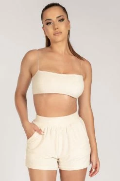 WNG Marina Terry Towelling Thin Strap Crop Top - Cream All Tops