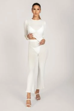 EMS All Bottoms Tia Ribbed Sheer Knit Wide Leg Trousers - White