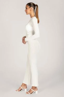 EMS All Bottoms Tia Ribbed Sheer Knit Wide Leg Trousers - White