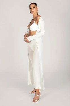 EMS All Bottoms Tia Ribbed Sheer Knit Wide Leg Trousers - White