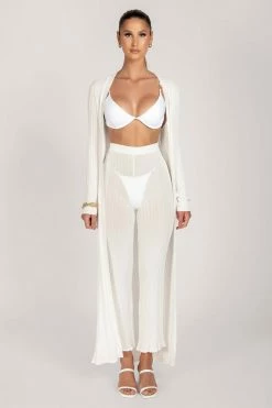 EMS All Bottoms Tia Ribbed Sheer Knit Wide Leg Trousers - White