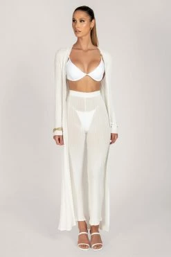 EMS All Bottoms Tia Ribbed Sheer Knit Wide Leg Trousers - White