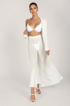 EMS All Bottoms Tia Ribbed Sheer Knit Wide Leg Trousers - White