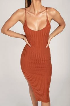 SOP Harmonee Extreme Rib Midi Dress - Rust