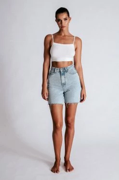 EMS All Bottoms Kirra Raw Hem Longline Rigid Boyfriend Shorts - Light Blue