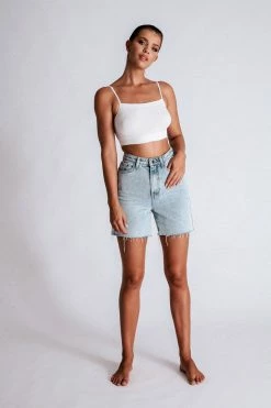 EMS All Bottoms Kirra Raw Hem Longline Rigid Boyfriend Shorts - Light Blue