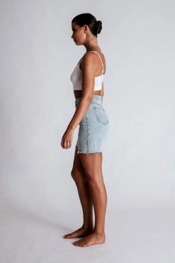 EMS All Bottoms Kirra Raw Hem Longline Rigid Boyfriend Shorts - Light Blue
