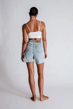 EMS All Bottoms Kirra Raw Hem Longline Rigid Boyfriend Shorts - Light Blue