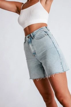 EMS All Bottoms Kirra Raw Hem Longline Rigid Boyfriend Shorts - Light Blue