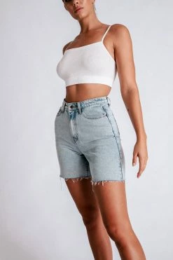 EMS All Bottoms Kirra Raw Hem Longline Rigid Boyfriend Shorts - Light Blue