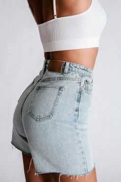 EMS All Bottoms Kirra Raw Hem Longline Rigid Boyfriend Shorts - Light Blue