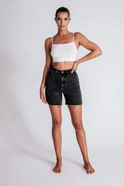 EMS All Bottoms Kirra Raw Hem Longline Rigid Boyfriend Shorts - Washed Black