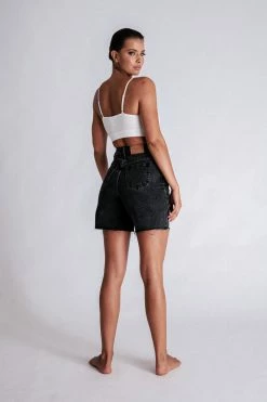EMS All Bottoms Kirra Raw Hem Longline Rigid Boyfriend Shorts - Washed Black