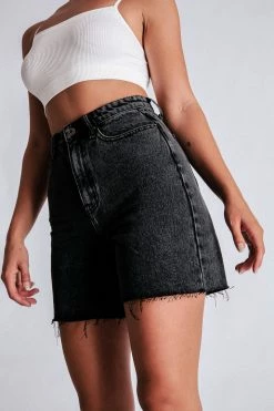 EMS All Bottoms Kirra Raw Hem Longline Rigid Boyfriend Shorts - Washed Black