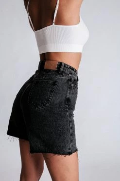 EMS All Bottoms Kirra Raw Hem Longline Rigid Boyfriend Shorts - Washed Black