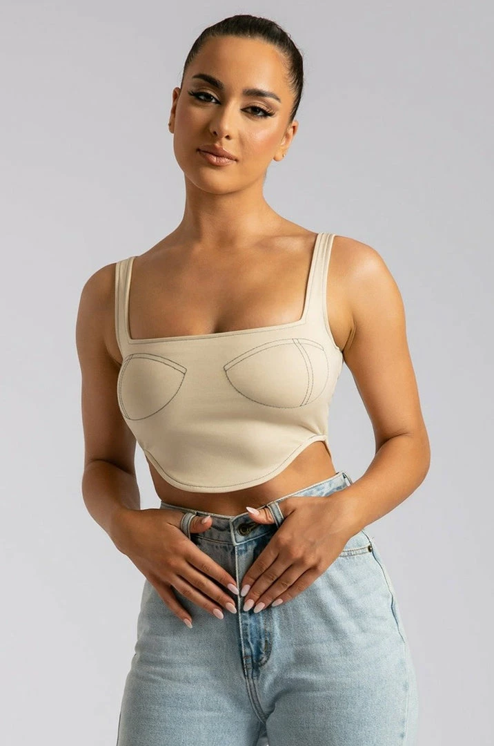 ROM Elsie Sleeveless Contrast Stitch Bustier Top - Tofu 1 ROM Elsie Sleeveless Contrast Stitch Bustier Top - Tofu